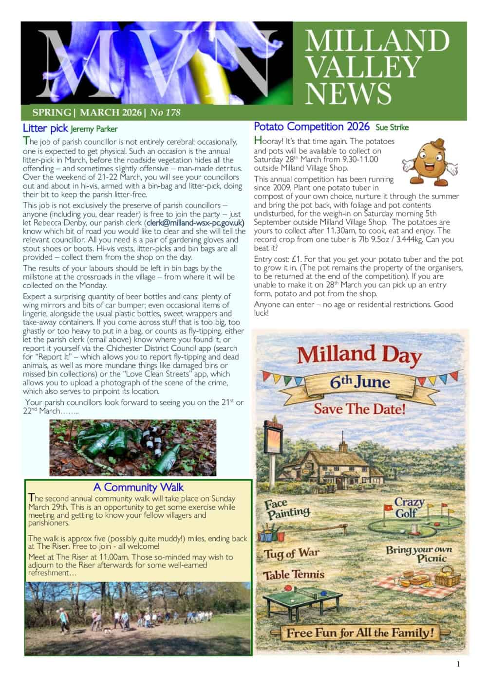 Milland Valley News newsletter for March 2026, featuring articles on a litter pick, potato competition, and Milland Day.